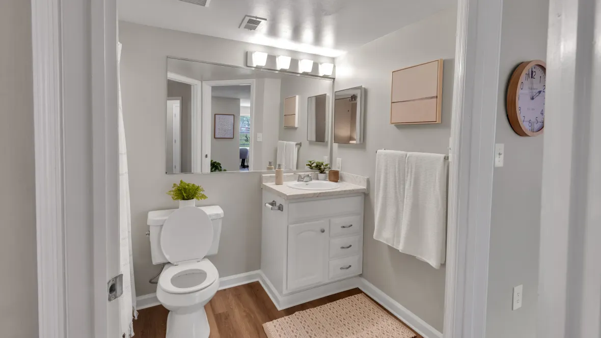 An elegant bathroom with ample vanity lighting, a sizable mirror, and a mirrored medicine cabinet. Enjoy organized convenience with convenient drawers under the sink.