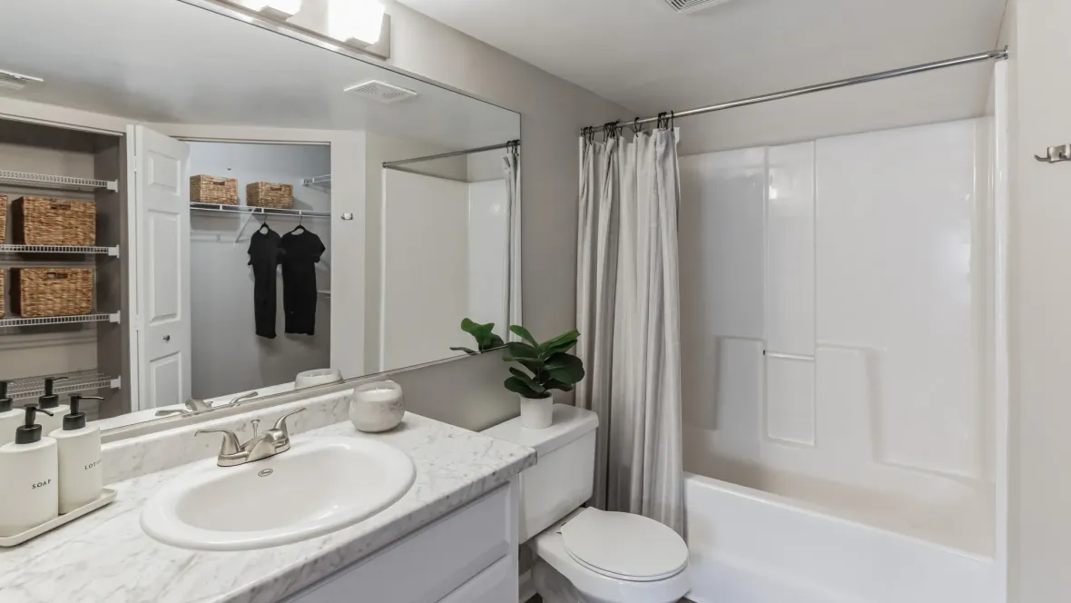 A chic bathroom with bright vanity lighting, a sizable mirror, and a mirrored medicine cabinet for a touch of brilliance.